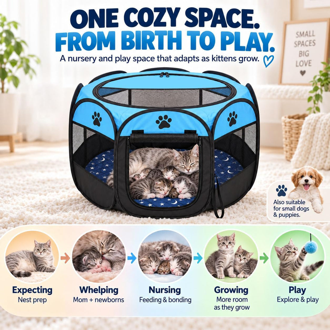 Whelping Box for Cats, Pop-up Playpen for Kittens and Mom