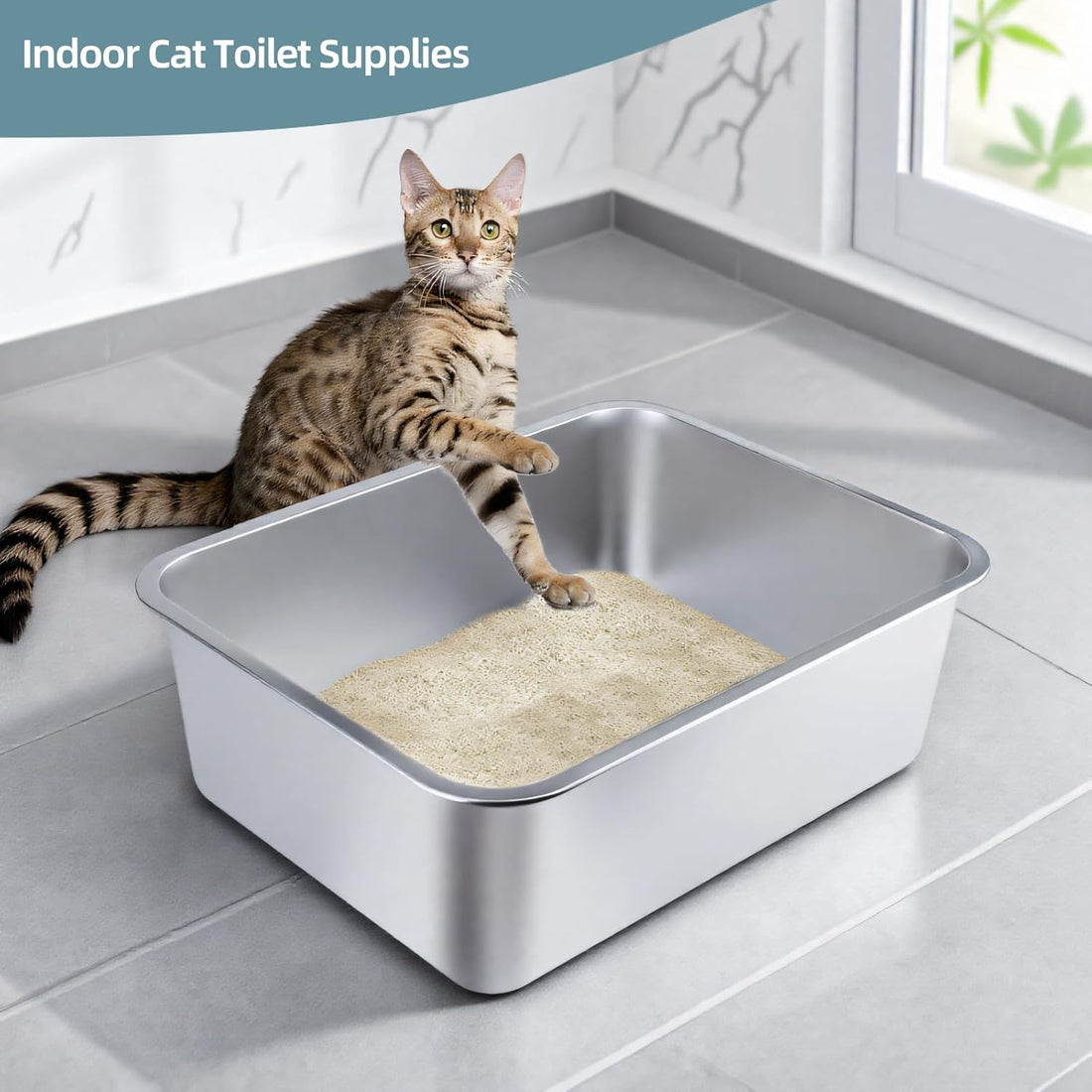 Stainless Steel Cat Litter Box - Large Metal High-Sided Pan for Cats