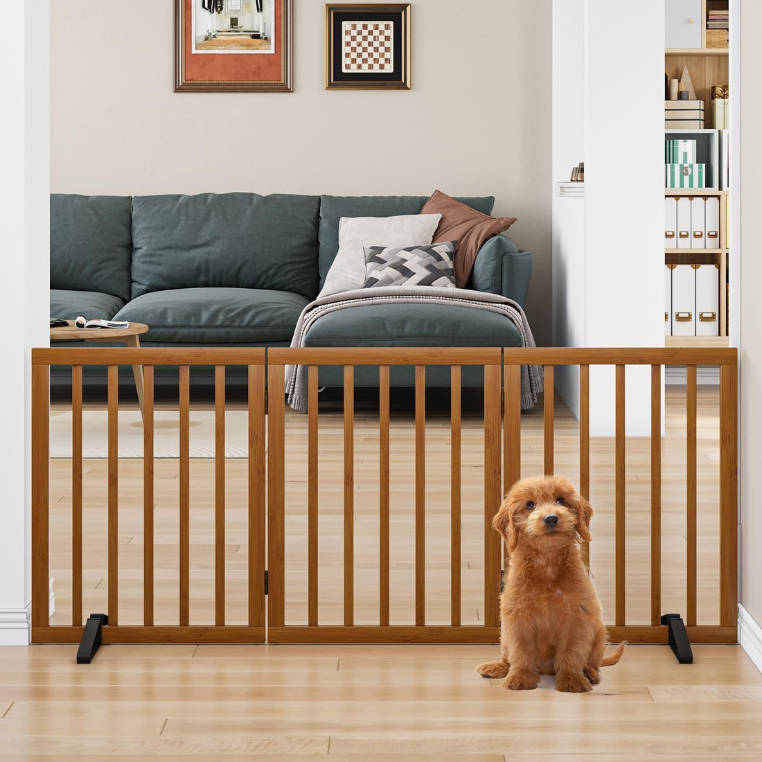 Mino Kesper Freestanding Pet Gate Foldable Dog Gate Walnut Bamboo Dog