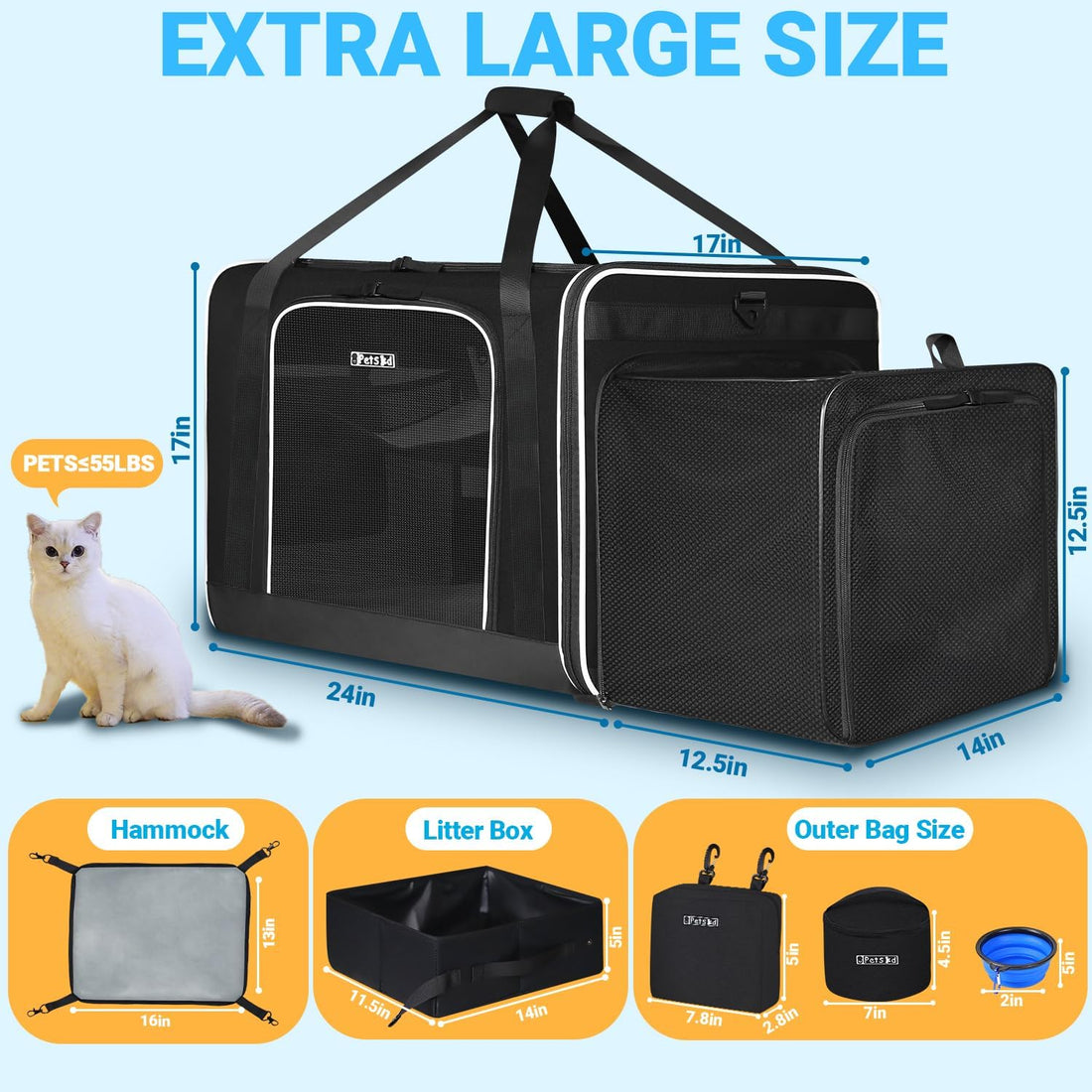 Petskd Side Expandable Extra Large Cat Carrier with Litter Box Area