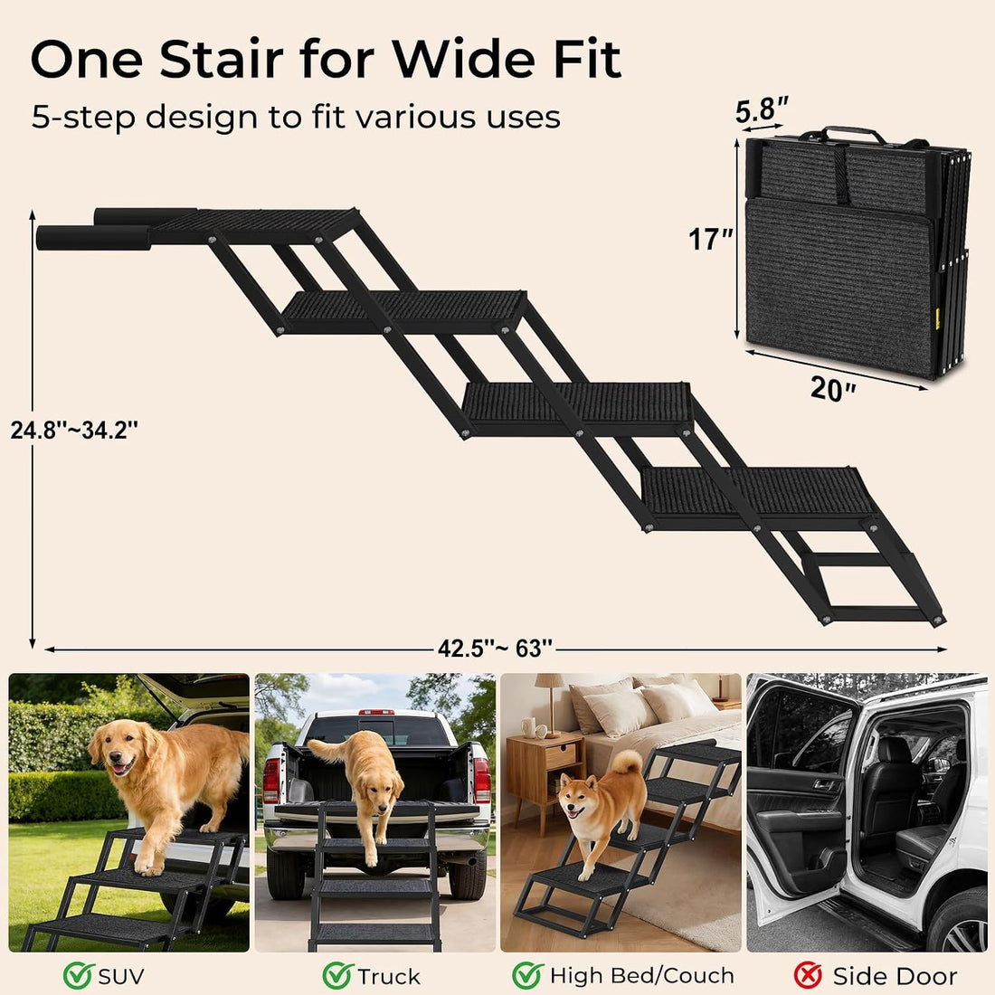 URPOWER Dog Stairs for Large Dogs Extra Wide 20" with 5