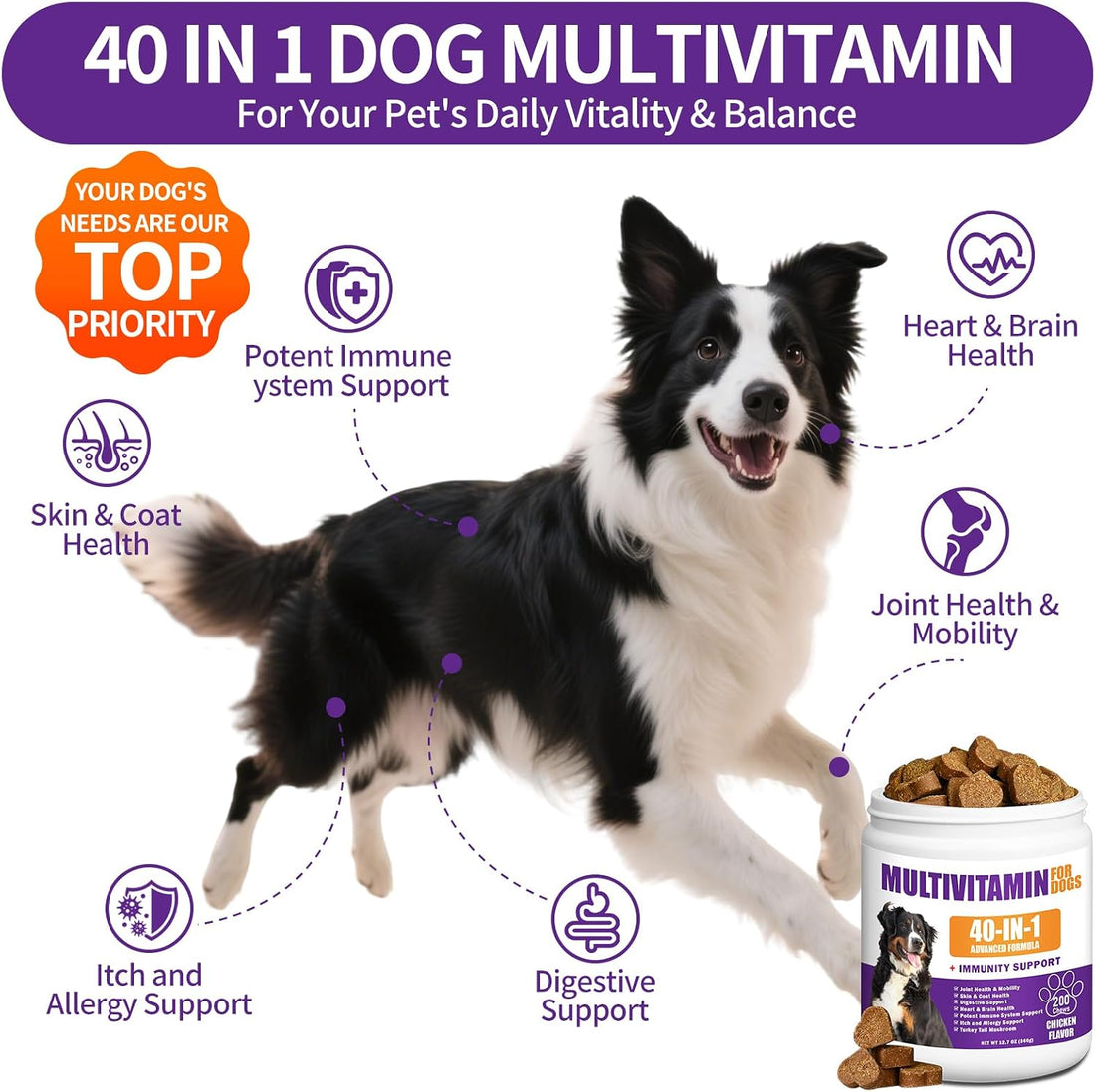 40 in 1 Dog Vitamins and Supplements 200Ct Dog Multivitamin Chewable