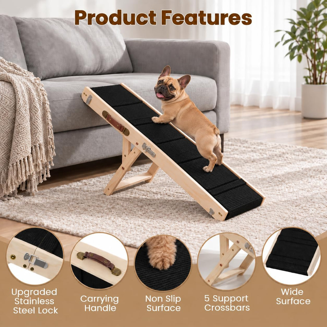 Dog Ramps for Small Dogs, 6-Level Adjustable Wooden Pet Ramp