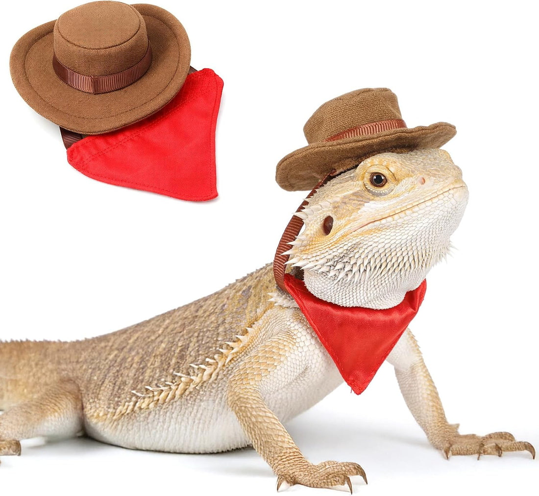 2Pcs Bearded Dragon Hat and Bandana Set Adjustable Lizard Cowboy Hat