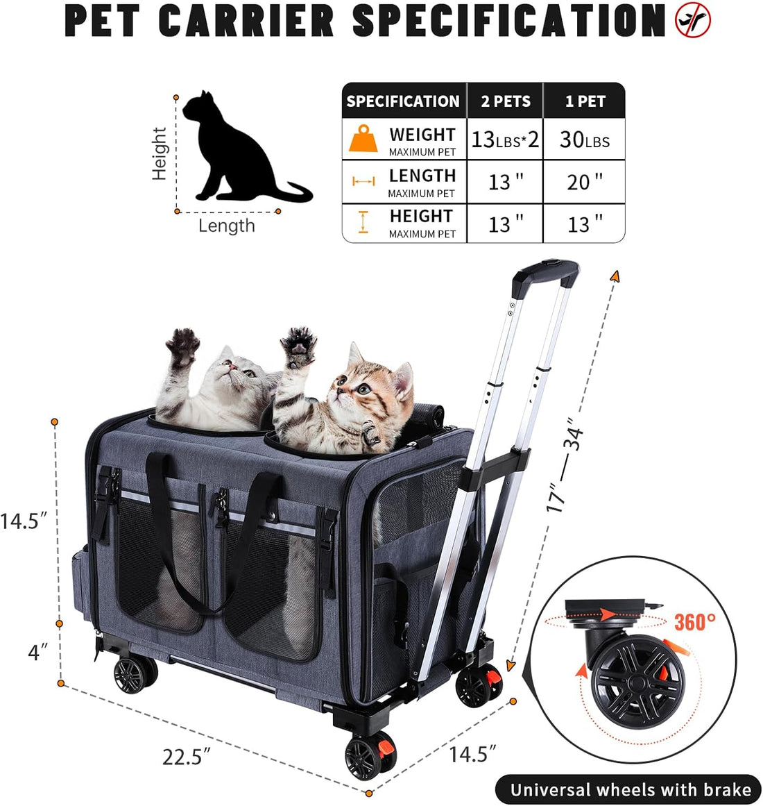 Cat Carrier for 2 Cats,Cat Carrier with Wheels for Cats and Dogs