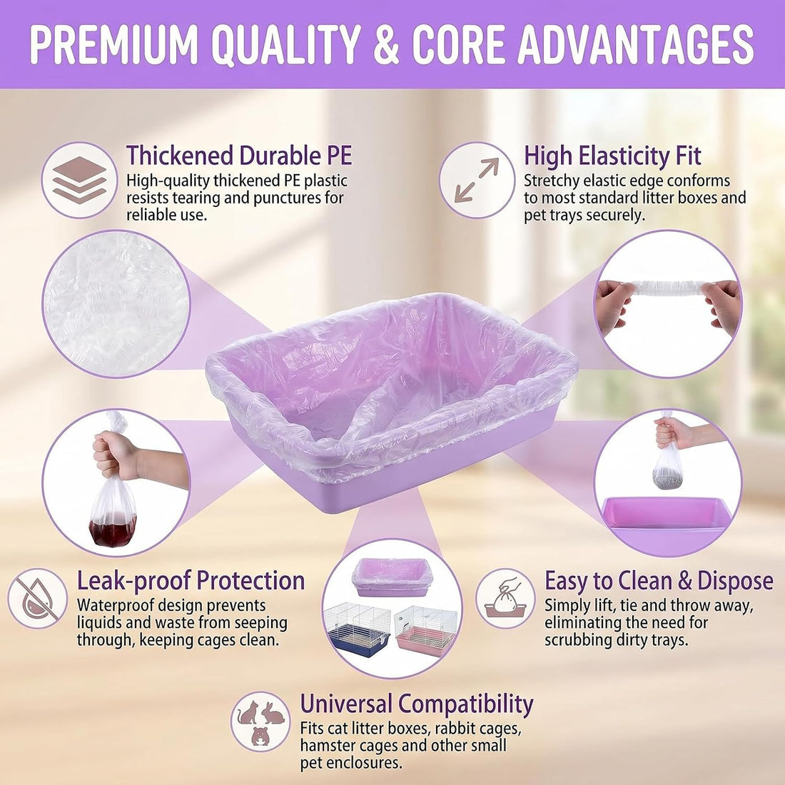 50 Pcs Disposable Plastic Cage Liners Elastic Pocket Mouth
