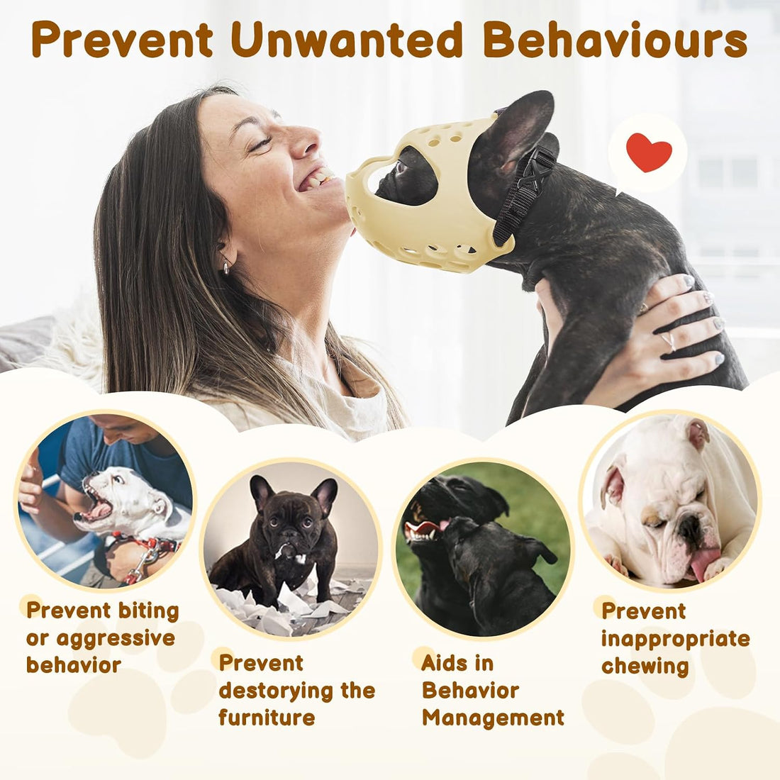 BARKLESS Frenchie Muzzle for Biting, Breathable Short Snout Dog Muzzle