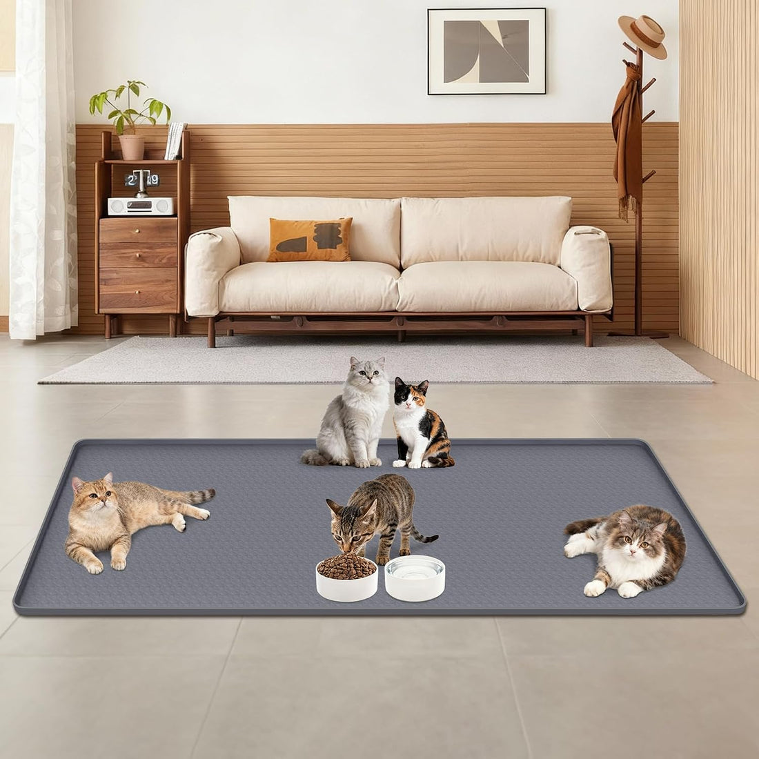 Cat Food Mat 51" x 26" Large Silicone Mat with Raised Edge Gray