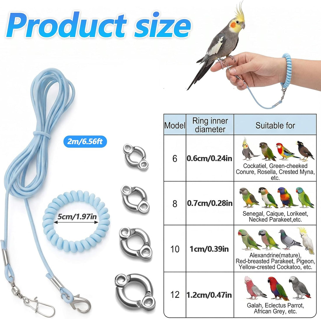 9.8ft Bird Flying Rope with 4 Foot Rings, Elastic Parrot Leash