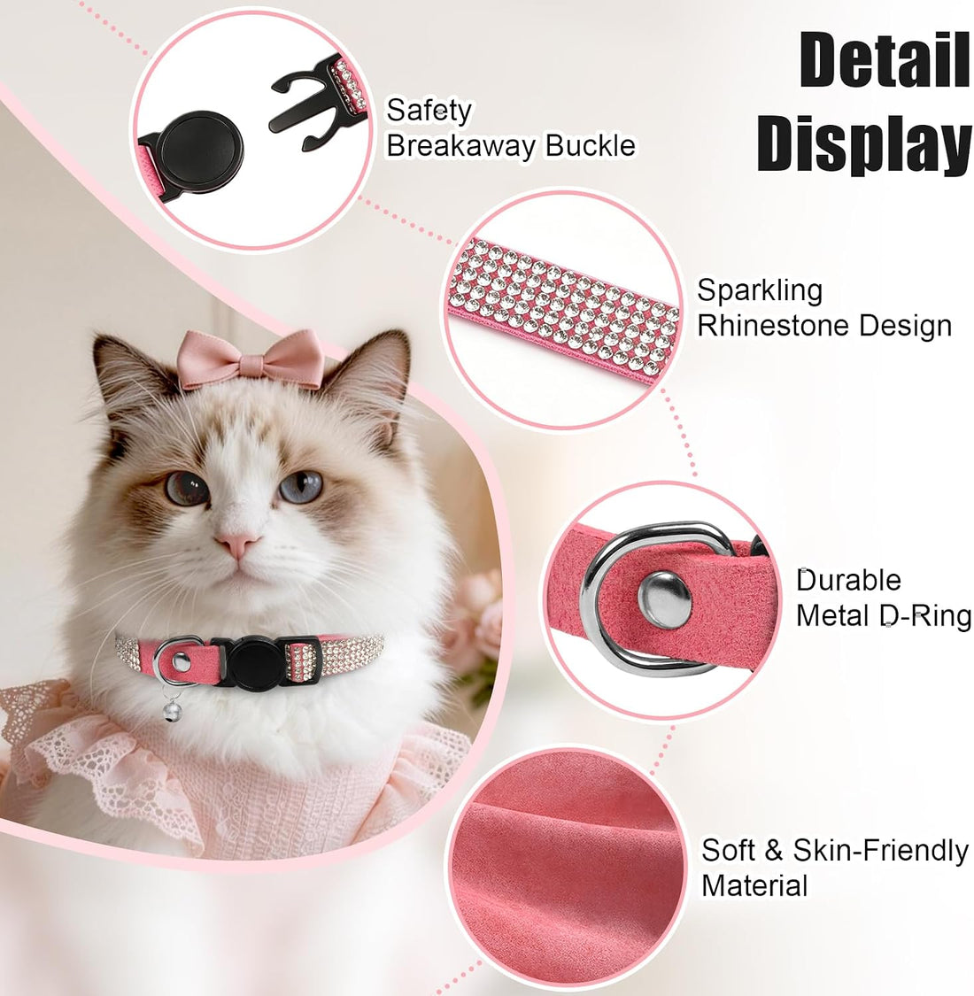 Rhinestone Cat Collar Breakaway, Soft Velvet Cat Collars with Bell