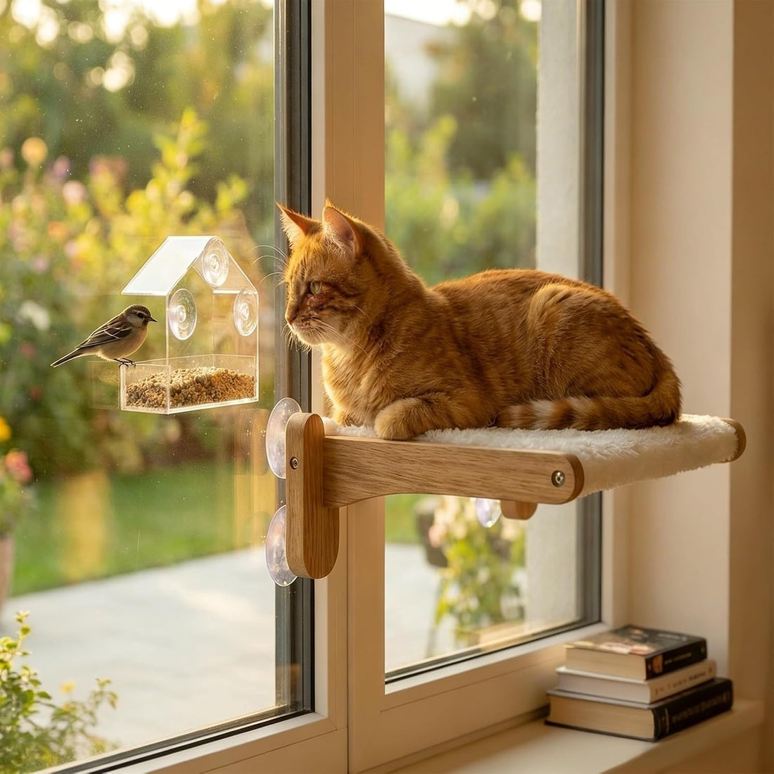 Cat Window Perch with Bird Feeder,Suction Cup Window Cat Bed
