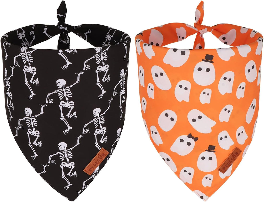 PTDECOR Halloween Dog Bandanas, Classic Skeleton Ghost Pet Scarf