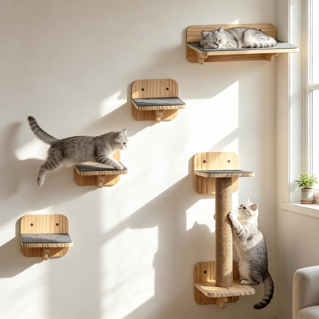 Cat Wall Shelves, Wood Cat Wall Furniture with Scratching Post