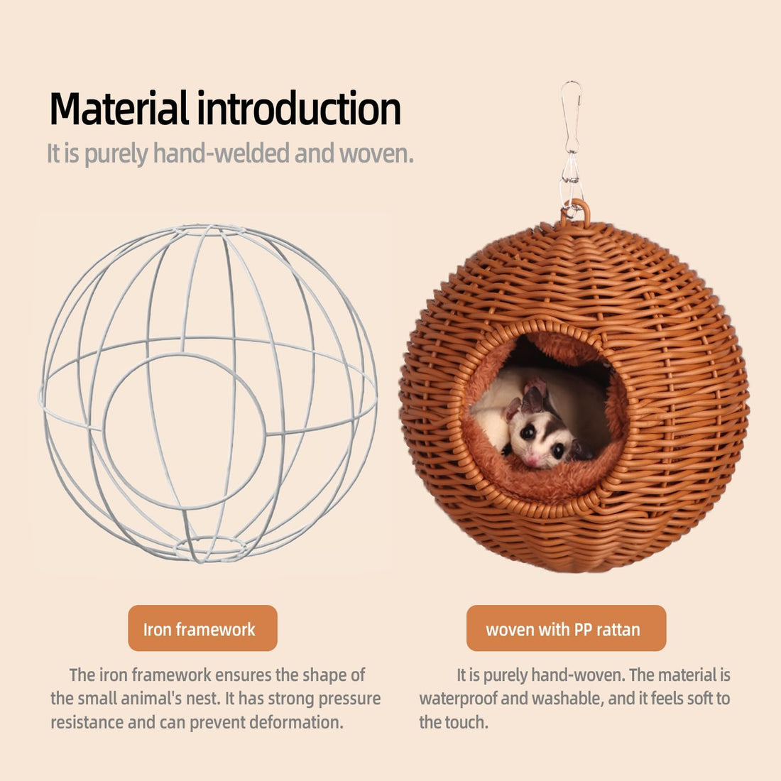 Small Animal Hammock, PP Rattan Hiding Place with Removable Cotton