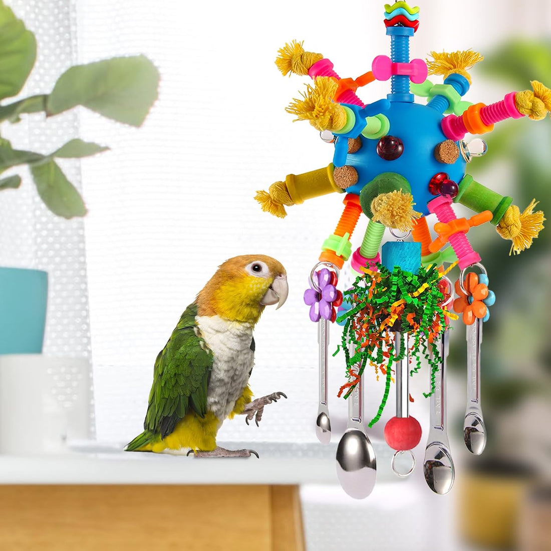 Parrot Toys Bird Toys Perch Pullable Stainless Steel Spoons Colorful