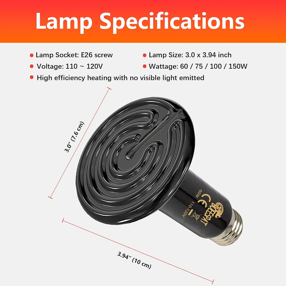 60W Ceramic Heat Emitters, Pack of 2 Reptile Heat Lamp Bulbs