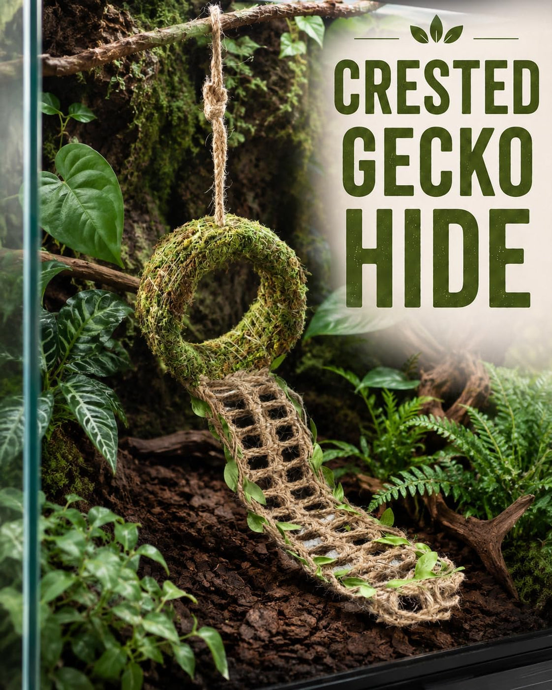 Crested Gecko Hide, Hanging Moss-Style Reptile Hideout with Rope