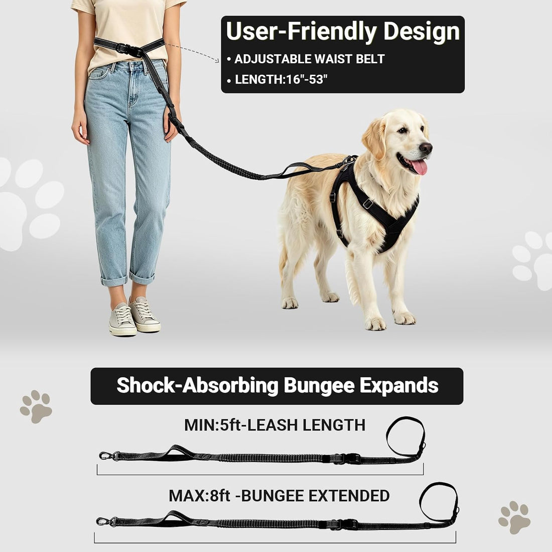 Hands-Free Dog Leash,Adjustable Waist Belt for Walking Running Hiking
