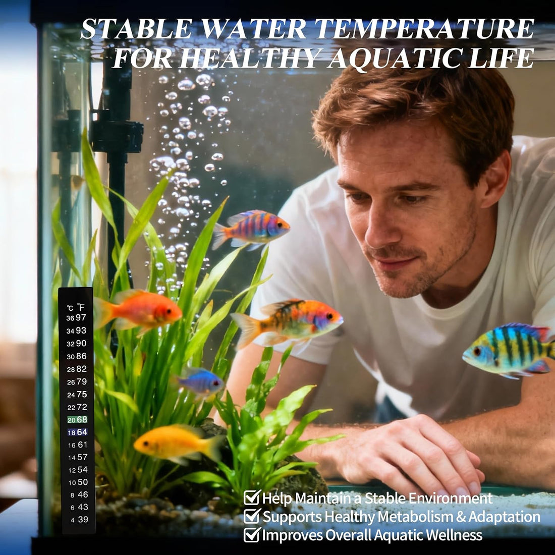 12 Pack Aquarium Thermometer Strips, 39-97℉ Fish Tank Thermometer Tape