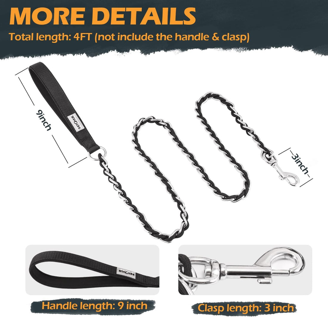 Chain Dog Leash, Bite-Proof Metal Leash, with Padded Handle