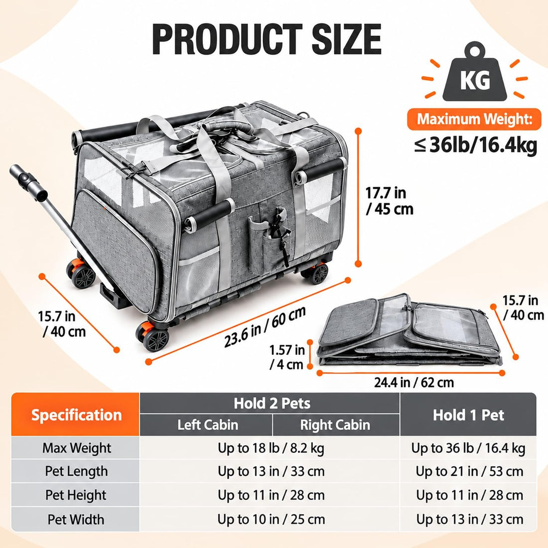 Large Cat Carrier for 2 Cats with Wheels, Double Rolling Pet Carrier