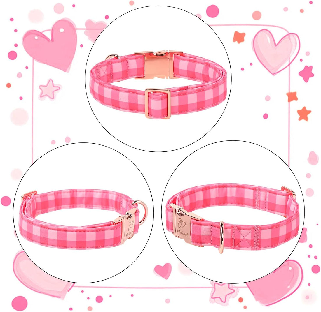 Pink Checkerboard Dog Collar, Classic Girly Plaid Dog Collars