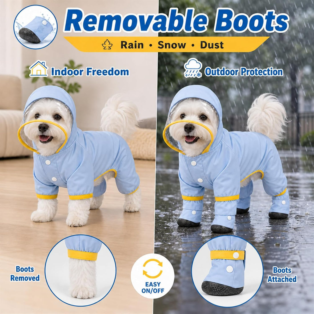 Dog Raincoat with Removable Boots, Clear Hood, Blue, XS (1-3 lb)