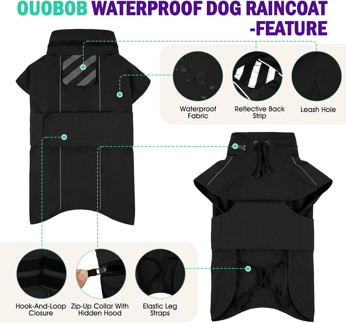 Dog Raincoat, Waterproof Dog Rain Jacket with Hood Black 2XL