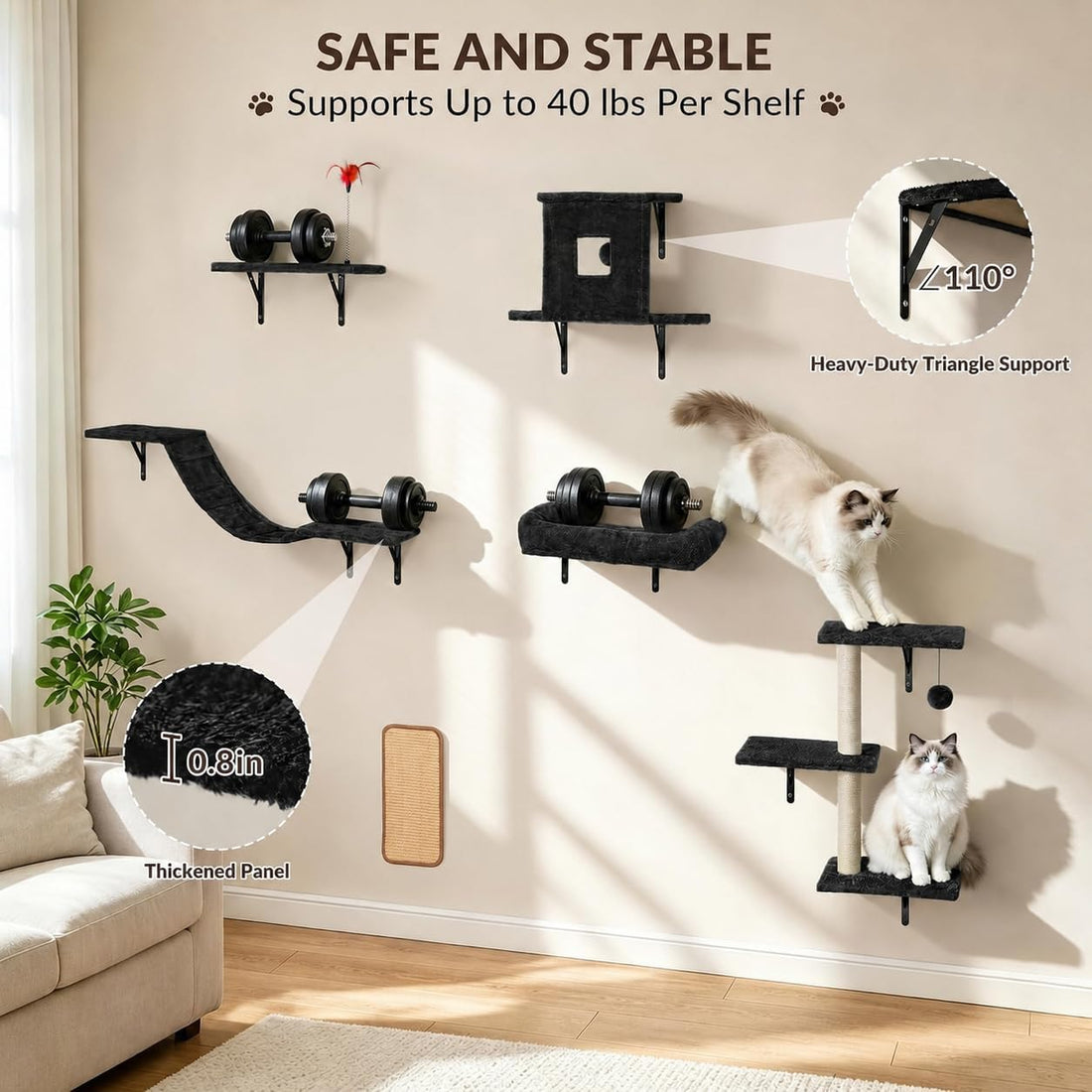 Cat Wall Shelves, 6-in-1 Cat Wall Furniture Set