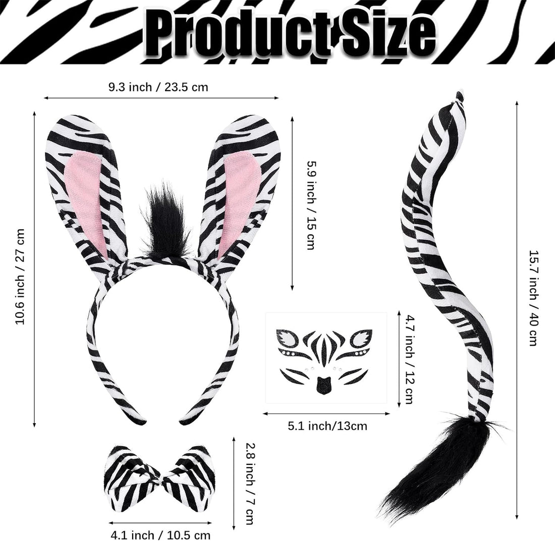 4Pcs Zebra Ears Bow Tie and Tail Set for Adults Halloween Animal