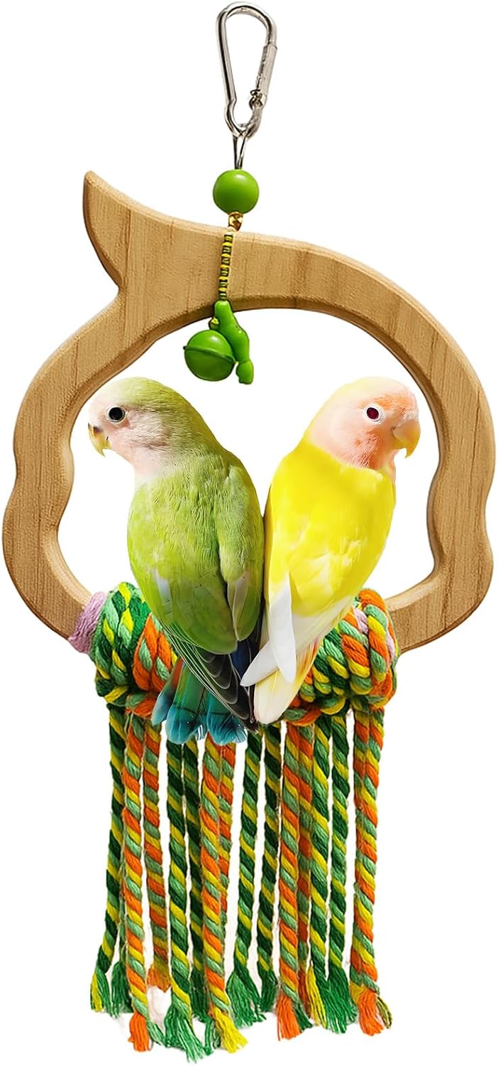 Natural Wood Bird Swing Toy with Hemp Rope Perch for Small Parrots