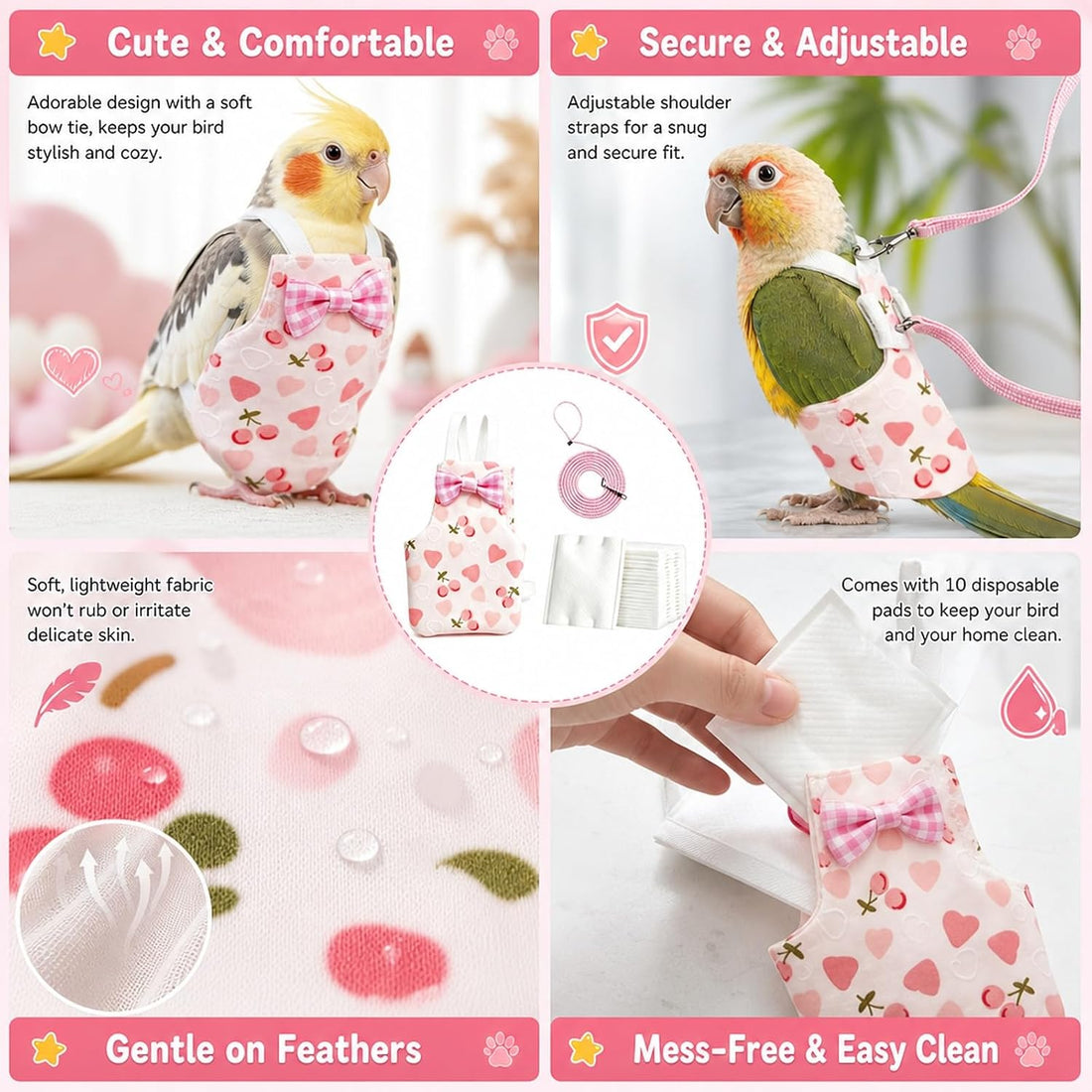Bird Diaper, Parrot Diaper, Pink M Size Bird Diaper, 10 White Pads