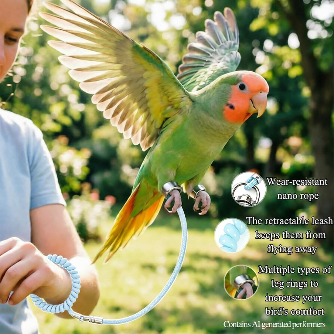 Parrot Flying Training Rope with 4 Size Bird Leash Foot Ring,Outdoor