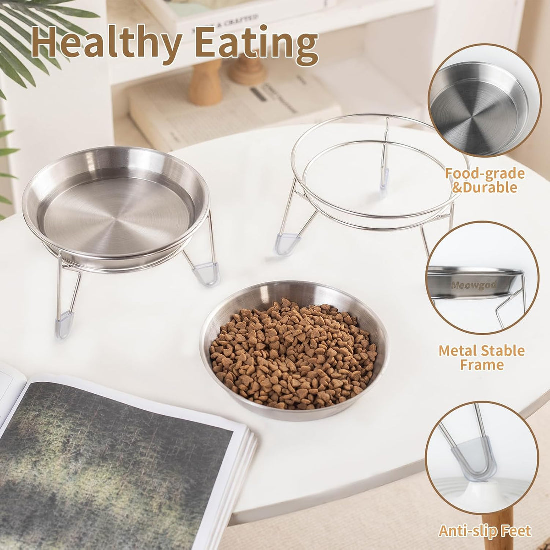 Extra Wide Raised Stainless Steel Cat Food Bowls with Stand