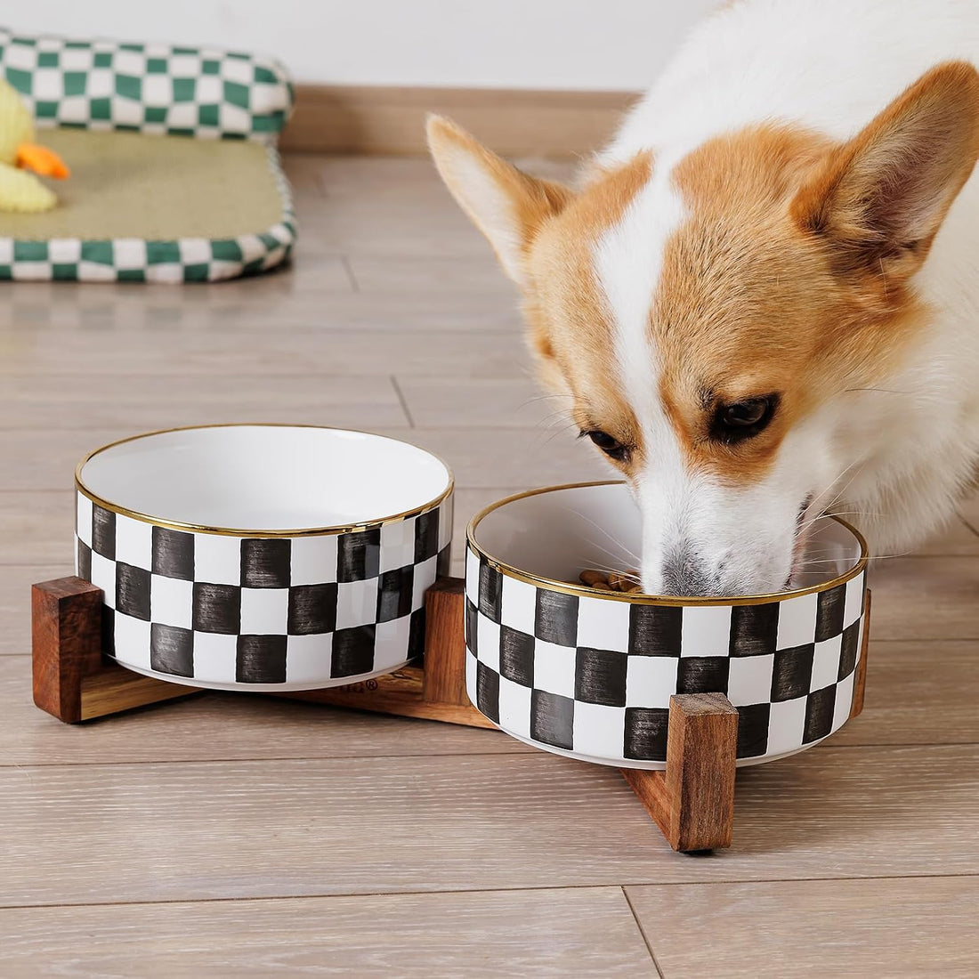 Ceramic Checkered Dog Bowls for Medium Dogs
