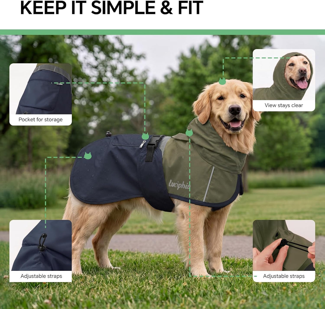 Luciphia Dog Raincoat, Adjustable Hooded Reflective Jacket with Pocket