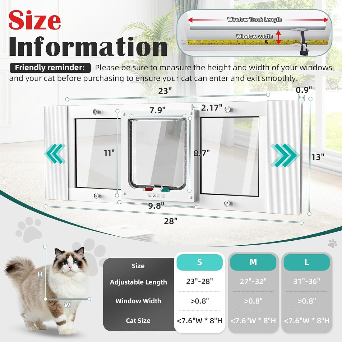 27"-32" Aluminum Cat Door for Winow No-Drill Rental-Friendly