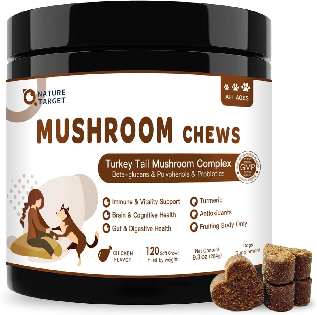 NATURE TARGET Turkey Tail Mushroom for Dogs, 11 in 1 Immune Chews