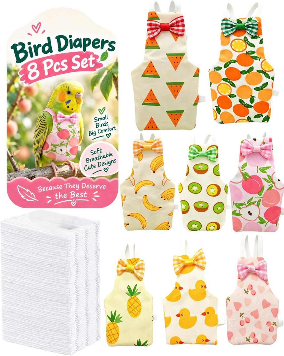 8Pcs Bird Diaper Set, Cockatiel Diaper & Parakeet Diaper