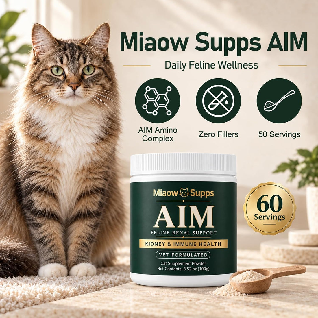 Aim for Cats Powder, Aim Kidney & Immune Health for Cats, 100g