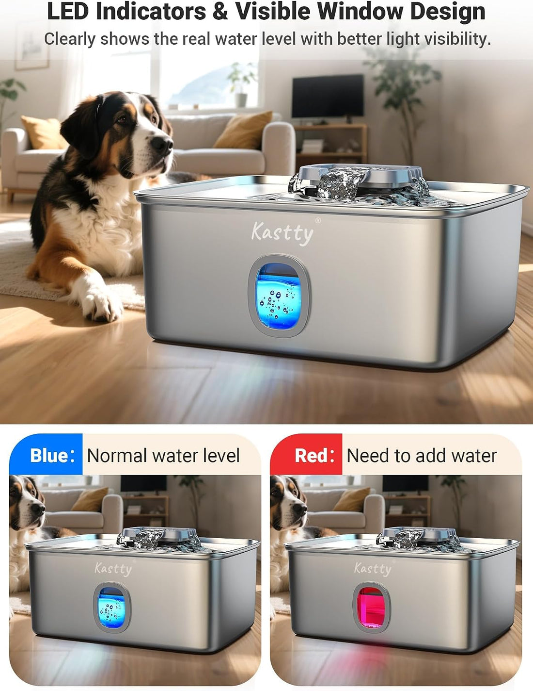 Kastty 4 Gal Dog Water Fountain for Large Dogs,15L Stainless Steel