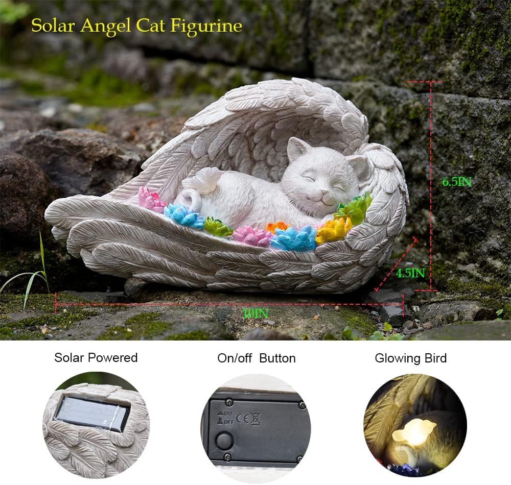 VKEVOC Cat Memorial Stone,Solar Angel Cat Statue Figurine