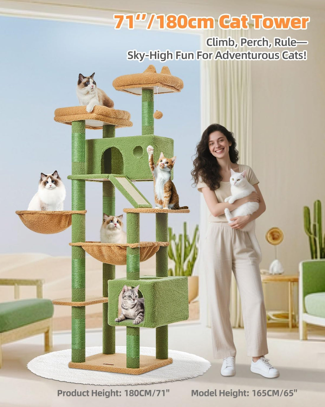 Taoqimiao Cactus Cat Tree, 71-Inch Cat Tower for Indoor Cats Large