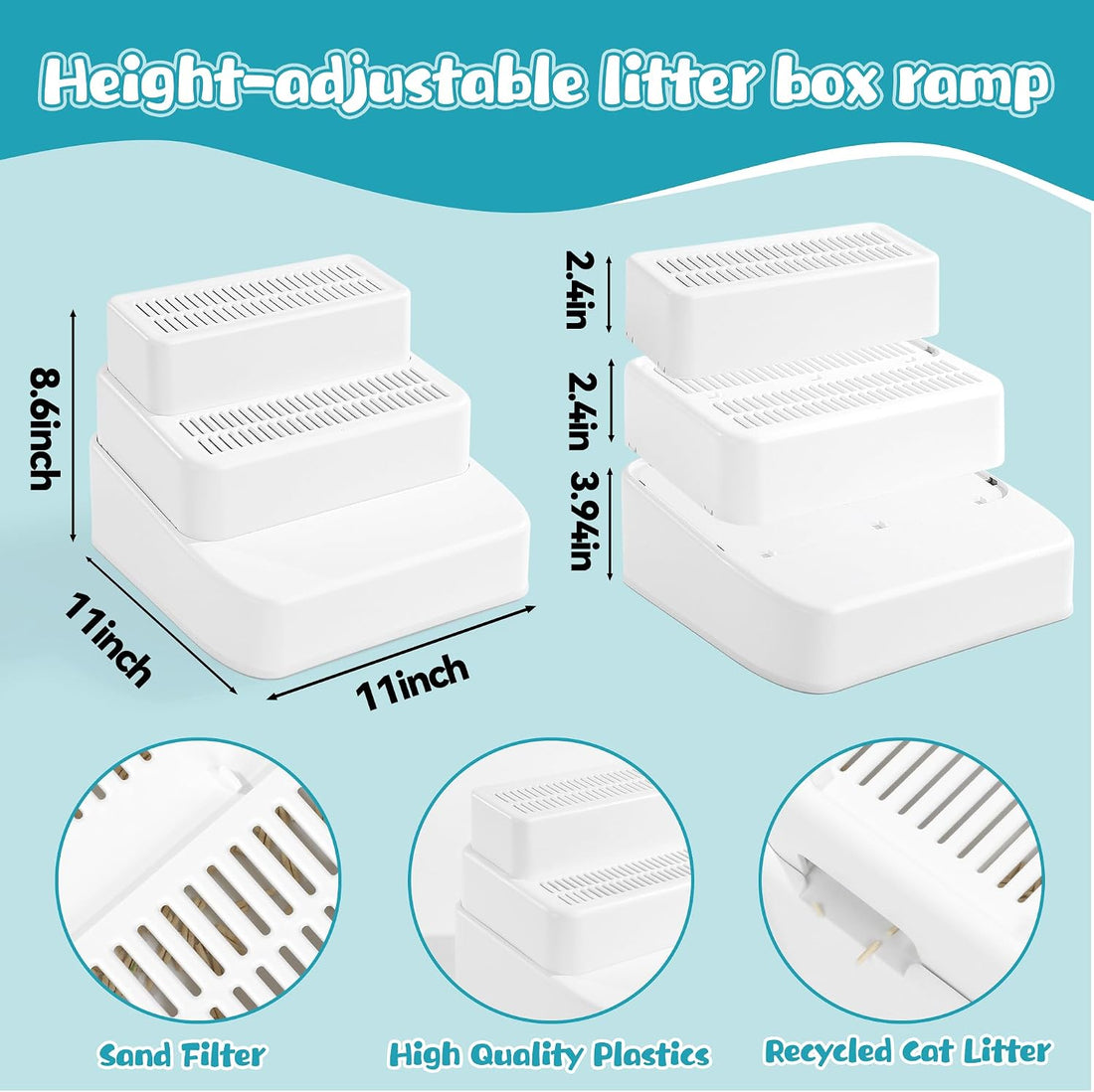 BALAPET Adjustable 3 Steps Litter Box Ramp with Filter Function