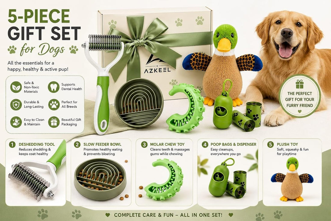 Dog Gift Set 5-Piece - New Puppy Essentials Kit, Chew Toy & Feeder