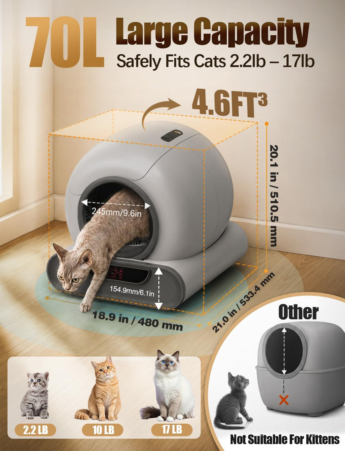 70L Anti-Pinch Feature Automatic Cat Litter Box