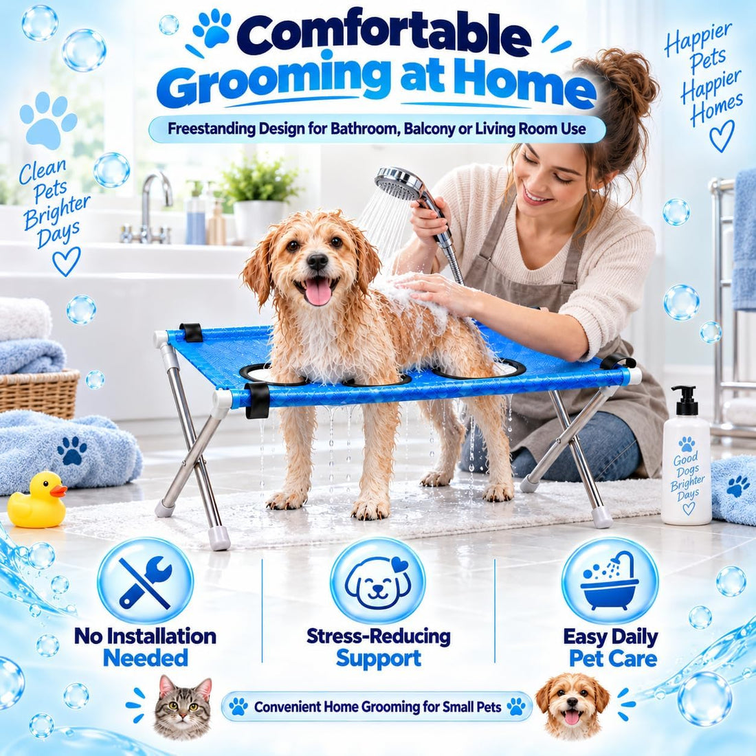 Dog Bed Foldable Grooming Hammock Stand and Bath Holder for Small Pets