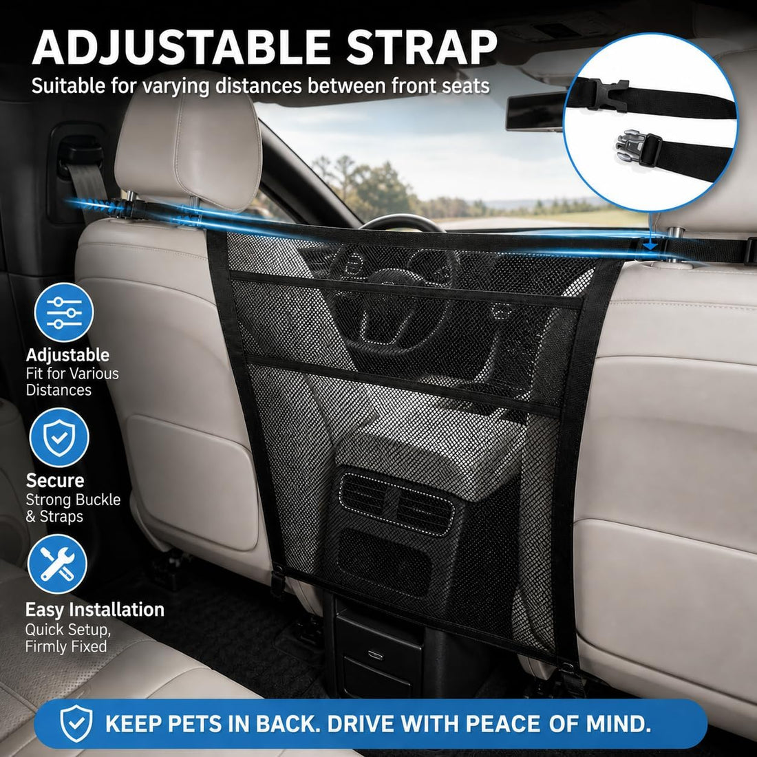 Dog Car Barrier for Backseat Safety with Mesh Storage Pocket
