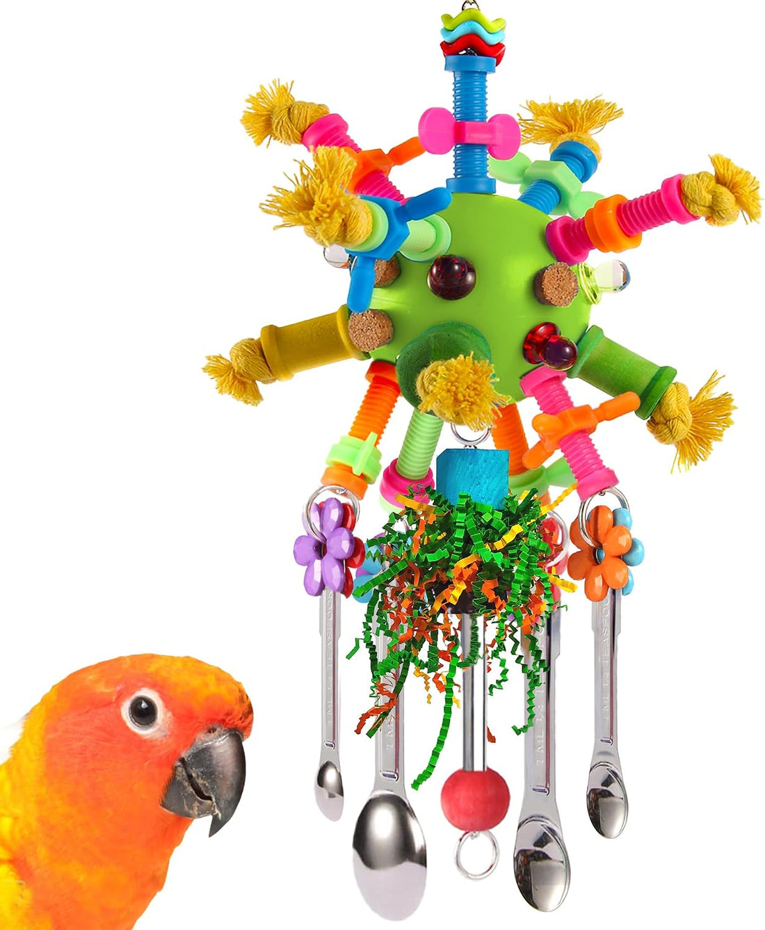Parrot Toys Bird Toys Perch Pullable Stainless Steel Spoons Colorful
