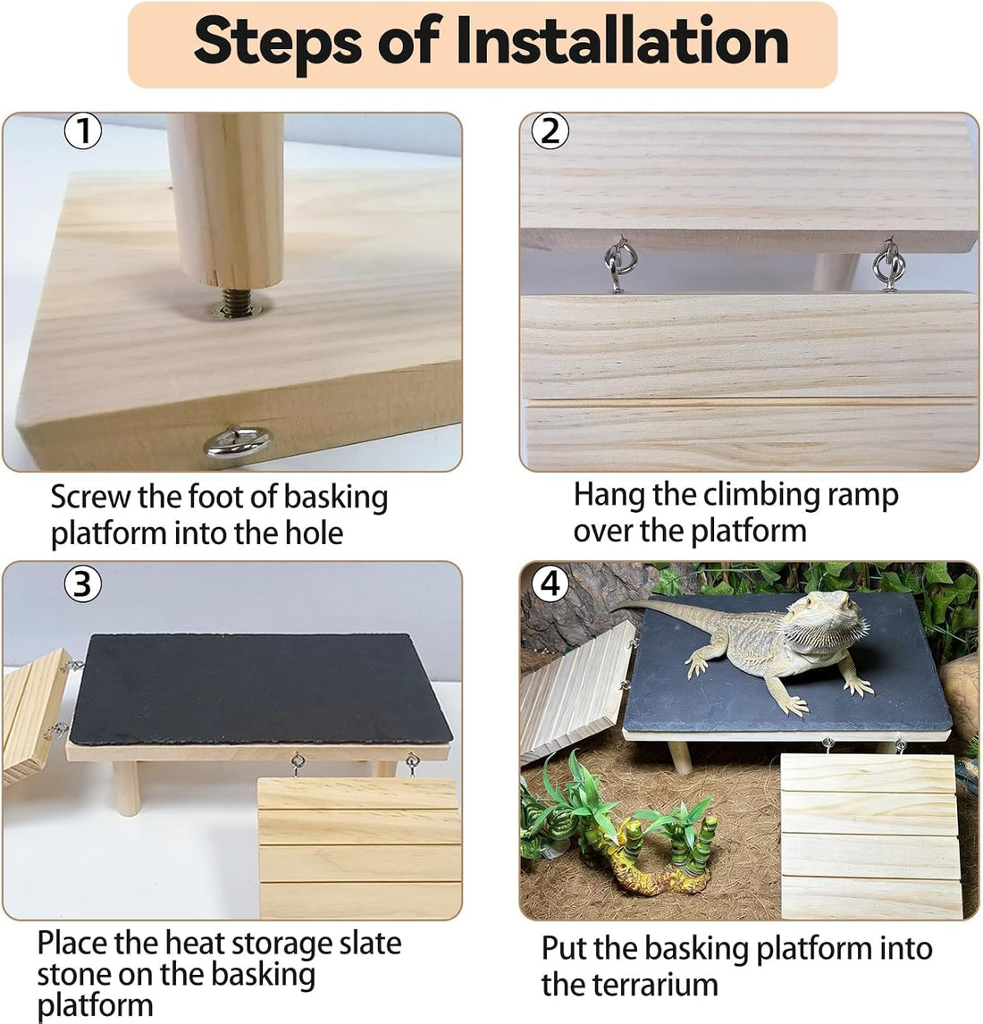 Bearded Dragon Basking Platform with Climbing Ramp & Reptile Rock